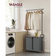 VASAGLE Cesta de lavandería de 2 secciones con riel para ropa, forros extraíbles y extraíbles, estante, 2 x