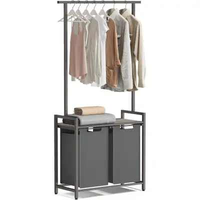 VASAGLE Cesta de lavandería de 2 secciones con riel para ropa, forros extraíbles y extraíbles, estante, 2 x 12,1 galones, 28,7 x 13 x 69,7 pulgadas, gris jaspeado y gris pizarra BLH241G0