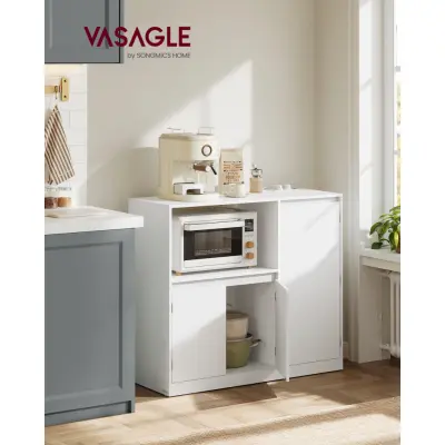 VASAGLE Custos Collection BBK373WB01 Köksskåp Förvaringsskåp Skänk med bordsskiva Mikrovågsugn Hylla med 1öppet fack 3 dörrar Justerbara hyllor Cloud White