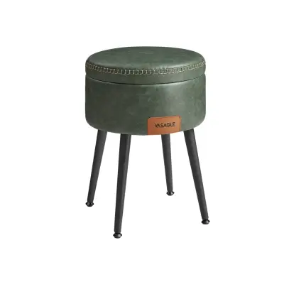 VASAGLE EKHO Kollektion - Förvaringspall, Sminkbordspall, PU med sömmar, Mid-Century Modern, Rund förvaringspall med stålben, Kapacitet 150 kg, Skogsgrön LOM005C01