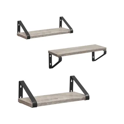 VASAGLE Flytande hyllor i industriell design, set med 3 väggmonterade, robusta hyllor för visning, vardagsrum, badrum, kök, grå, svart LWS033B02