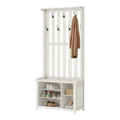 VASAGLE Hallhylla med bänk och skoförvaring, klädhängare med skobänk, 7 dubbla krokar för jackor, hattar, hall, sovrum, vardagsrum, 33 x 81 x 193 cm, rustik vit HSR414WJ02