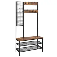 VASAGLE hallkommod med nätvägg, 15 krokar, 3 hyllplan - brun spånskiva och svart stål