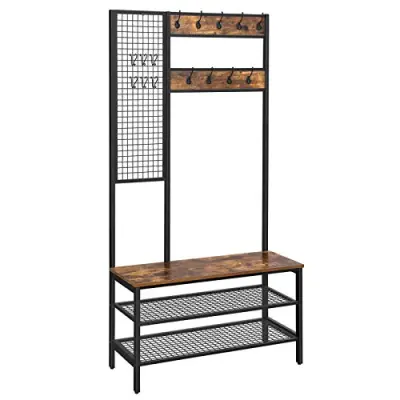 VASAGLE hallkommod med nätvägg, 15 krokar, 3 hyllplan - brun spånskiva och svart stål