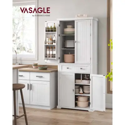VASAGLE Högt köksskåp, 40 x 76 x 182,1 cm, fristående högt förvaringsskåp med låda, 4 justerbara hyllplan, 6 dörrhyllor, för vardagsrum, kök, vit BBC561W21