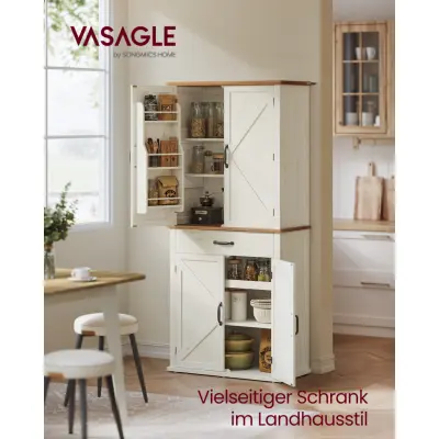 VASAGLE Högt köksskänk, förvaringsskåp, skåp, höjd 178,5 cm, med låda, skåp, justerbara hyllor, för vardagsrum, kök, rustik vit BBK364W02