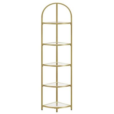 VASAGLE Hörnhylla, 5-facks hörnhylla, hyllori härdat glas, modern stil, växtställning med stålram för vardagsrum, sovrum, kök, badrum, gyllene färg ULGT810A01