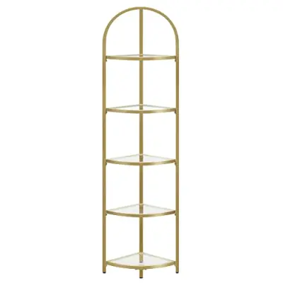VASAGLE Hörnhylla, 5-facks hörnhylla, hyllor i härdat glas, modern stil, växtställning med stålram för vardagsrum, sovrum, kök, badrum, gyllene färg ULGT810A01