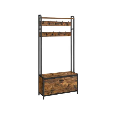 VASAGLE HSR405B01 Kommod med skoskåp, Kommod med bänk, klädställning, skoskåp, 9 krokar, topphylla, för hall, sovrum, industridesign, vintage brun/svart
