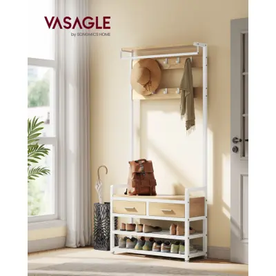VASAGLE HSR429YA01 Kapphängare med ingång och 10 avtagbara krokar, 2 lådor, skobänk, separat design, 30 x 80,5 x 181,5 cm, gyllene ek och mattvit