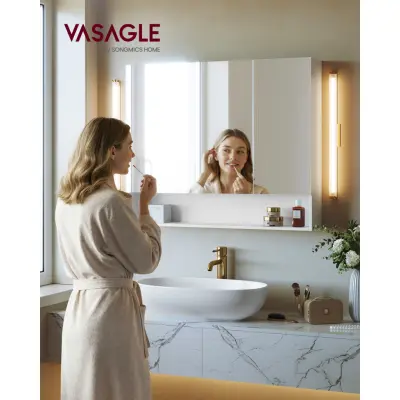 VASAGLE KAILYN Collection - Medicinskåpsspegel, Badrumsväggspegelskåp med förvaring,Öppen planlösning, Justerbara hyllor, 15 x 89 x 74 cm, Cloud White BBK130W01