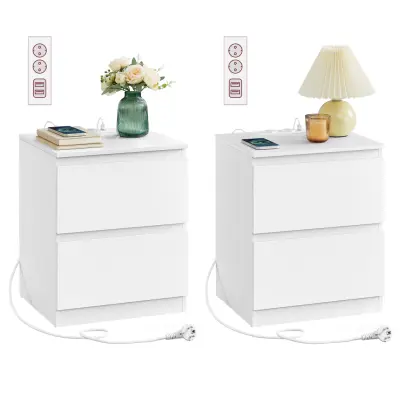 VASAGLE KAILYN Collection - Nattduksbord med grenuttag, Set med 2 sidobord, 2 lådor, 2 AC-uttag, 2 USB-A-portar, Vardagsrum/Sovrum, Modern, Molnvit LET821W02