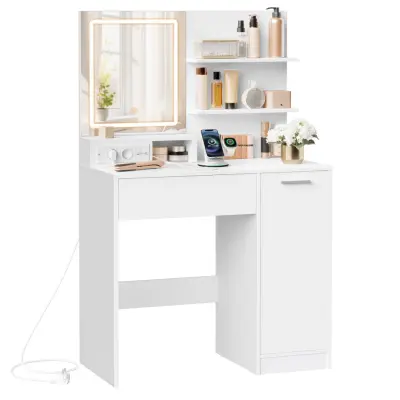 VASAGLE Kailyn Collection sminkbord med LED-spegel och grenuttag, sminkbord, låda ochöppna hyllor, garderob med 2 justerbara hyllor, vit RDT138W01