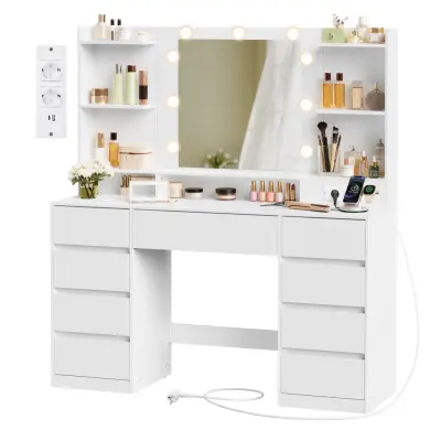 VASAGLE KAILYN Collection - Sminkbord med LED-spegel, sminkbord med eluttag, 9 lådor, 9 dimbara glödlampor, 3 ljusfärger, verktygsfri montering av glidskena, Cloud White RDT141WB03