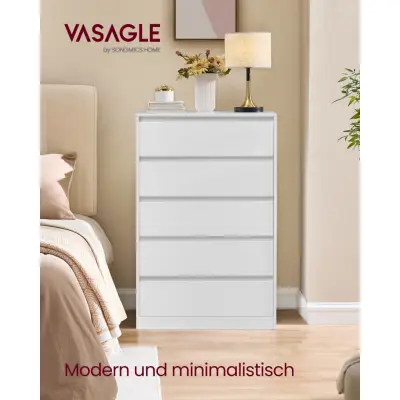 VASAGLE KAILYN Collection - Sovrumsbyrå, Förvaringsenhet med 5 lådor, 40 x 60 x 97,4 cm, Modern stil, Snövit LTS605WE01