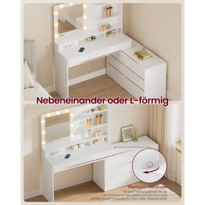 VASAGLE Kailyn RDT140WB01 Sminkbord med spegel och LED-belysning, Sminkbord 9 glödlampor, 8 lådor, 3 hyllor, 3 ljusfärger, rak eller L-formad, Cloud White