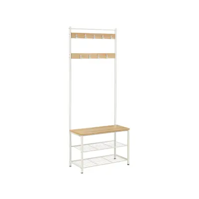 VASAGLE Kapphängare, Kapphängare med skoförvaringsbänk, Hall med skohängare, 3-i-1-design, stålram, för hall, entré, 32 x 70 x 175 cm, modern, ekfärg och vit HSR041W09