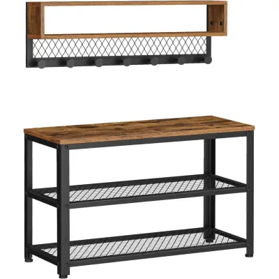 VASAGLE Kapphängare med skobänk, hallmöbel, multifunktionell, prickiga kapphängare, skohängare med 2 våningar, industriell stil, för hall, entré, rustik brun LCR073K01