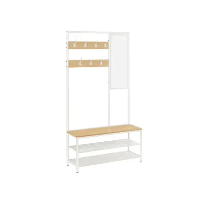 VASAGLE Kapphängare med skoförvaring, garderobshylla med spegel, krokar, bänk och skohyllor, 35 x 98 x 180 cm, entréhall, sovrum, modern stil, ekfärg och vit HSR415W09