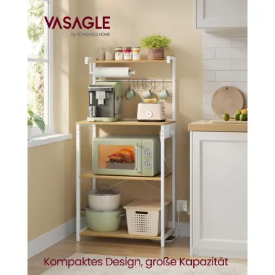 VASAGLE KKS014Y02 Kökshylla med uttag, stående hylla, mikrovågshylla, 4 nivåer och 8 S-krokar, justerbar hylla, hushållspappershållare, 40 x 60 x 140 cm, guld ek Cloud White