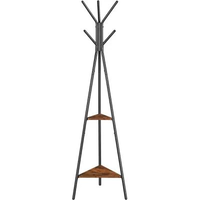 VASAGLE klädhängare Fristående, klädhängare, hallträ med 2 hyllor, för kläder, hatt, väska, industriell stil, rustik brun och svart RCR16BX