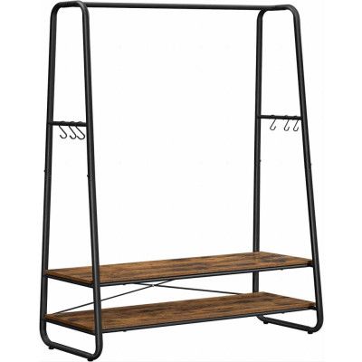 VASAGLE Klädstång med 2 hyllor, 6 S-krokar och stålram för sovrum, industriell, rustik brun och svart RGR112B01
