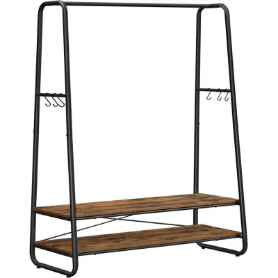 VASAGLE Klädstång med 2 hyllor, 6 S-krokar och stålram för sovrum, industriell, rustik brun och svart RGR112B01