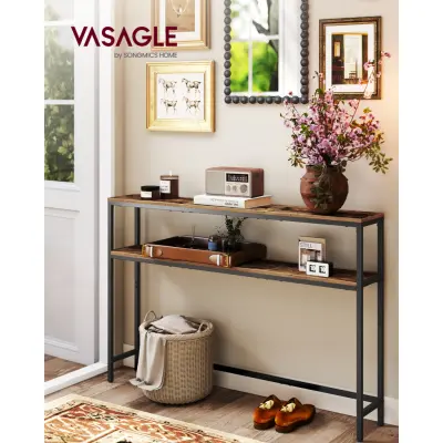 VASAGLE Konsolbord, 2-lagers smalt soffbord, 20 x 120 x 80 cm, hallbord med 2 hyllor, för vardagsrum, hall, rustikt brunt och bläcksvart LNT133K01V1
