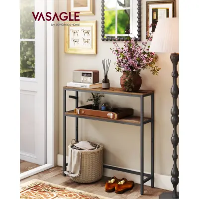 VASAGLE Konsolbord, 2-lagers smalt soffbord, 20 x 80 x 80 cm, hallbord med 2 hyllor, för vardagsrum, hall, rustikt brunt och bläcksvart LNT130K01V1