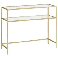 VASAGLE konsolbord, bord i härdat glas, modernt soff- eller hallbord, metallram, 2 hyllor, justerbara fötter, för vardagsrum, hall, guldfärg LGT025A01