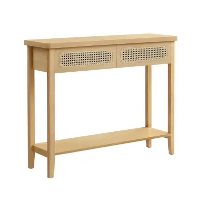 VASAGLE Konsolbord för hall, Smalt soffbord för vardagsrum, Hallbord med 2 lådor,Öppen hylla, Rundade hörn, Boho-stil, Ekbeige LNT016Y57