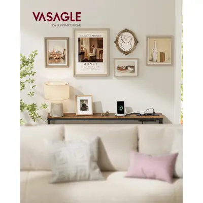 VASAGLE Konsolbord med laddningsstation, Smalt soffbord, Hallbord, 15 x 100 x 80 cm, med krokar, Enkel montering, för hall, vardagsrum, Vintagebrun/bläcksvart LNT079K02