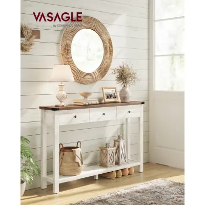VASAGLE Konsolbord, Sidobord, Smalt soffbord med 3 lådor och en hylla, För hall, Vardagsrum, Lantlig stil, Honungsbrun, Vintagevit, LNT142WJ01