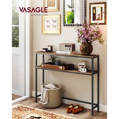 VASAGLE Konsolbord, Smalt soffbord med 2 hyllor, 20 x 100 x 80 cm, Hallbord, 2 nivåer, För hall, vardagsrum, sovrum, Vintagebrun/Bläcksvart LNT131K01