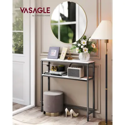 VASAGLE Konsolbord Smalt Soffbord med 2 Hyllor, 20 x 80 x 80 cm, Hallbord, 2 Våningar, För Hall, Vardagsrum, Sovrum, Marmorvit/Bläcksvart LNT130W59