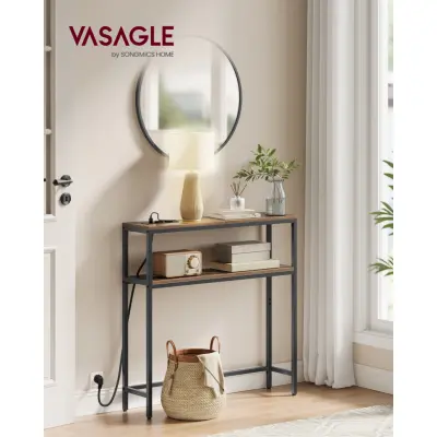 VASAGLE Konsolbord, Smalt soffbord med 2 hyllor, 20 x 80 x 80 cm, Hallbord med laddningsstation, för vardagsrum, hall, Vintagebrun/Bläcksvart LNT135KD01