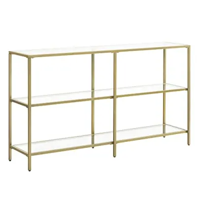 VASAGLE Konsolbord, soffbord med 3 hyllor, hylla i härdat glas, 130 x 30 x 73,3 cm, metallram, modernt, för entré vardagsrum sovrum, guldfärg LGT024A01