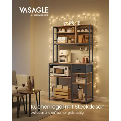 VASAGLE Kökshylla med grenuttag, Kaffebar med justerbara hyllplan, tyglåda, 12 krokar, 40 x 100 x 180,2 cm, Mikrovågsställ, Rustikt brunt och bläcksvart KKS027K02