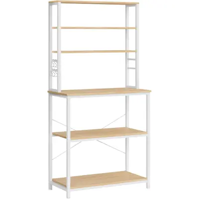 VASAGLE Kökshylla Mikrovågshylla 6 nivåer 6 hyllor och 6 krokar Mikrovågsugn Stålram Industriell design 40 x 80 x 167 cm Ek Vit KKS019W09