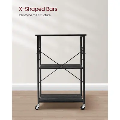VASAGLE kökshylla på hjul, serveringsvagn med 3 hyllor, köksvagn, mikrovågshylla, för miniugn, brödrost, med 6 krokar, industriell stil, eboniserad ekfinish och svart KKS060B42