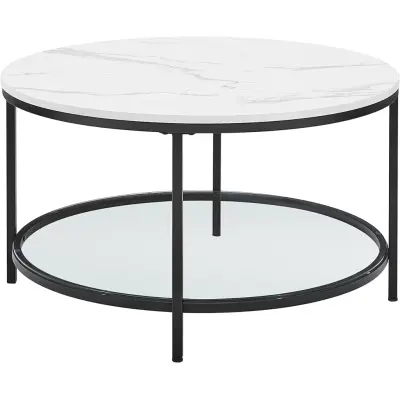 VASAGLE LCT071B13 Soffbord, vardagsrumsbord, soffbord, med glasskiva, stort förvaringsutrymme, enkel montering, modern stil, vit marmoreffekt, svart ram