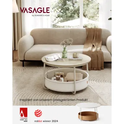 VASAGLE LCT244K01 Runt soffbord med förvaringsutrymme Sidobord Vardagsbord med tygkorg Modern metallram Naturbeige/Crämvit