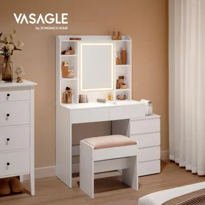 VASAGLE LED-belyst sminkbord med spegel, lådor,öppna fack, justerbara hyllor, pall, justerbar ljusstyrka, modern, Cloud White RDT125W01