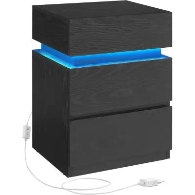 Vasagle LET630T56 Nattduksbord med LED-belysning, Sidobord, Nattduksskåp, Soffbord, Justerbara färger, 3 lådor, Sovrum, Modern, 35 x 40 x 55 cm, Svart med trästruktur