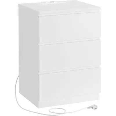 VASAGLE LET631W14 Nattduksbord, Sidobord, 3 lådor, Fasad kant, 2 AC-uttag, 2 USB-portar, Vardagsrum, Sovrum, Arbetsrum, Modern, Molnvit