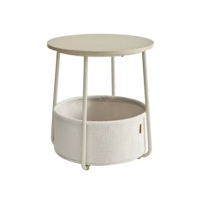 VASAGLE Litet runt soffbord, sidobord med tygkorg, förvaring för vardagsrum, sovrum, sängbord, modern stil, krämvit LET223K67