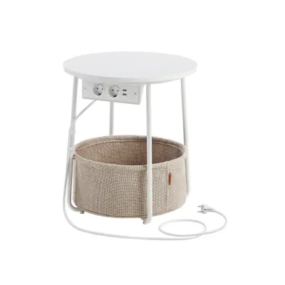 VASAGLE Litet runt soffbord, sidobord med tygkorg och grenuttag, förvaring, för vardagsrum, sovrum, nattduksbord, modern stil, mattvit och kamelbrun LET228W02