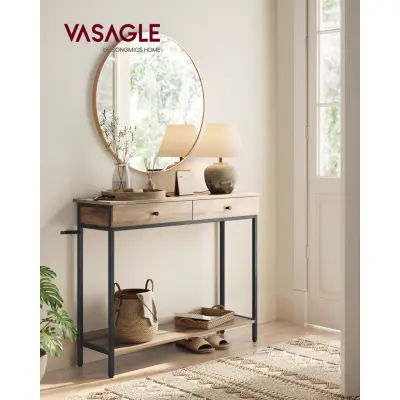 VASAGLE LNT015W01 Konsolbord, Hallbord, Sidobord, Soffbord med 2 lådor, Stålram, Hall, Vardagsrum, Industriell design, Kamelbrun bläcksvart