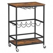 VASAGLE LRC087B01 Köksvagn på hjul med hyllor Glas- och flaskhållare 60 x 40 x 75 cm Industriell design Vintage Brun/Svart