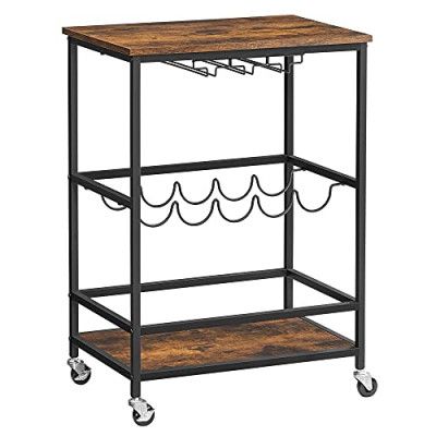 VASAGLE LRC087B01 Köksvagn på hjul med hyllor Glas- och flaskhållare 60 x 40 x 75 cm Industriell design Vintage Brun/Svart